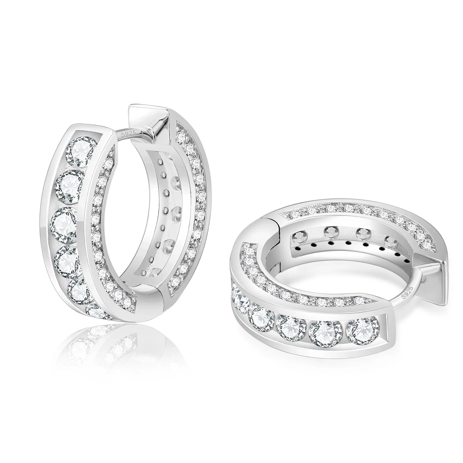 15mm Diamond Sterling Silver Hoop Earrings