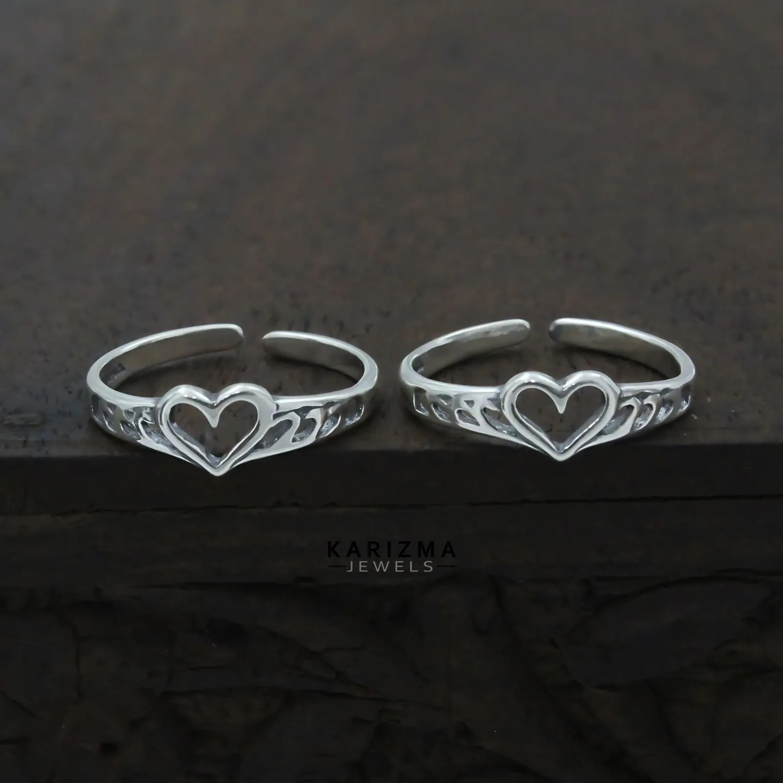 925 Real Sterling Silver women Oxidized heart design Toe Ring - Pair