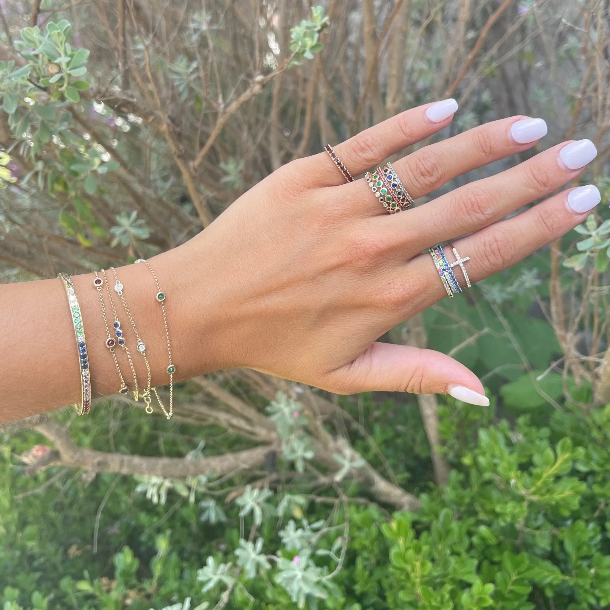 Alternating Diamond & Gemstone Bezel Band