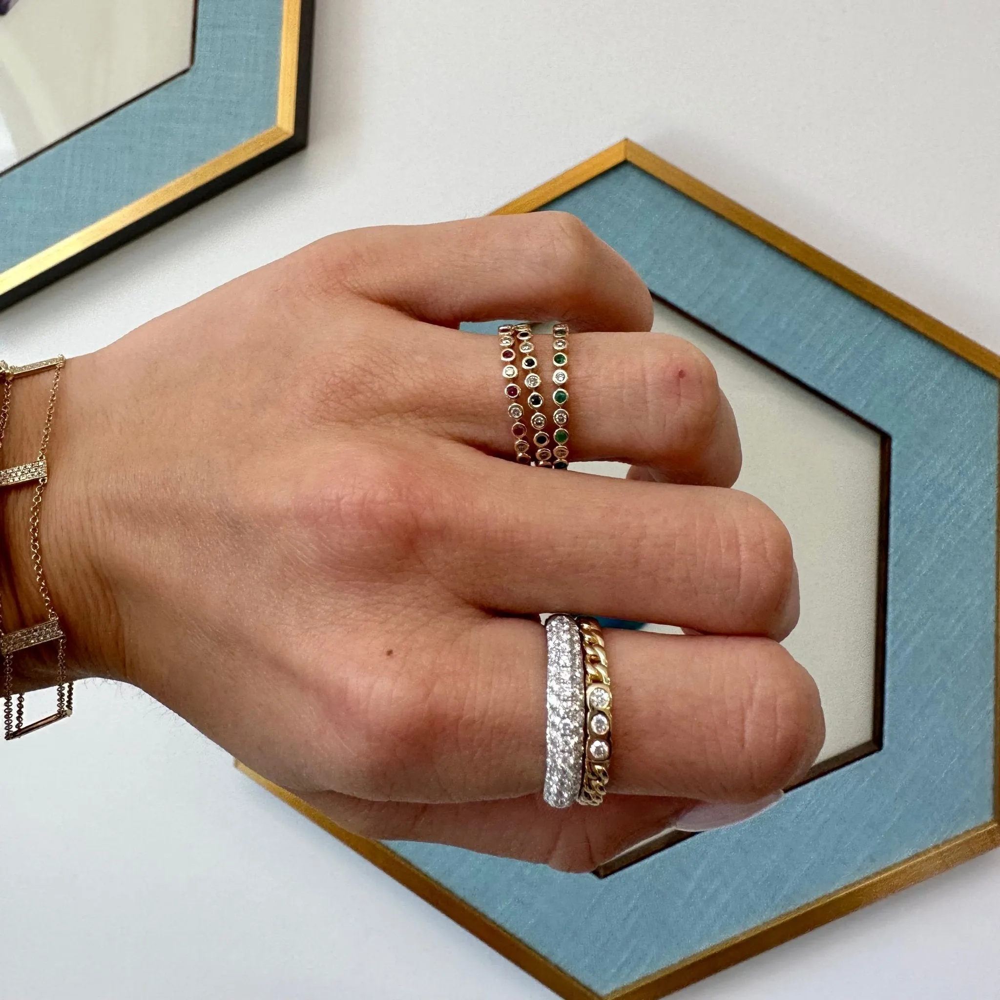 Alternating Diamond & Gemstone Bezel Band