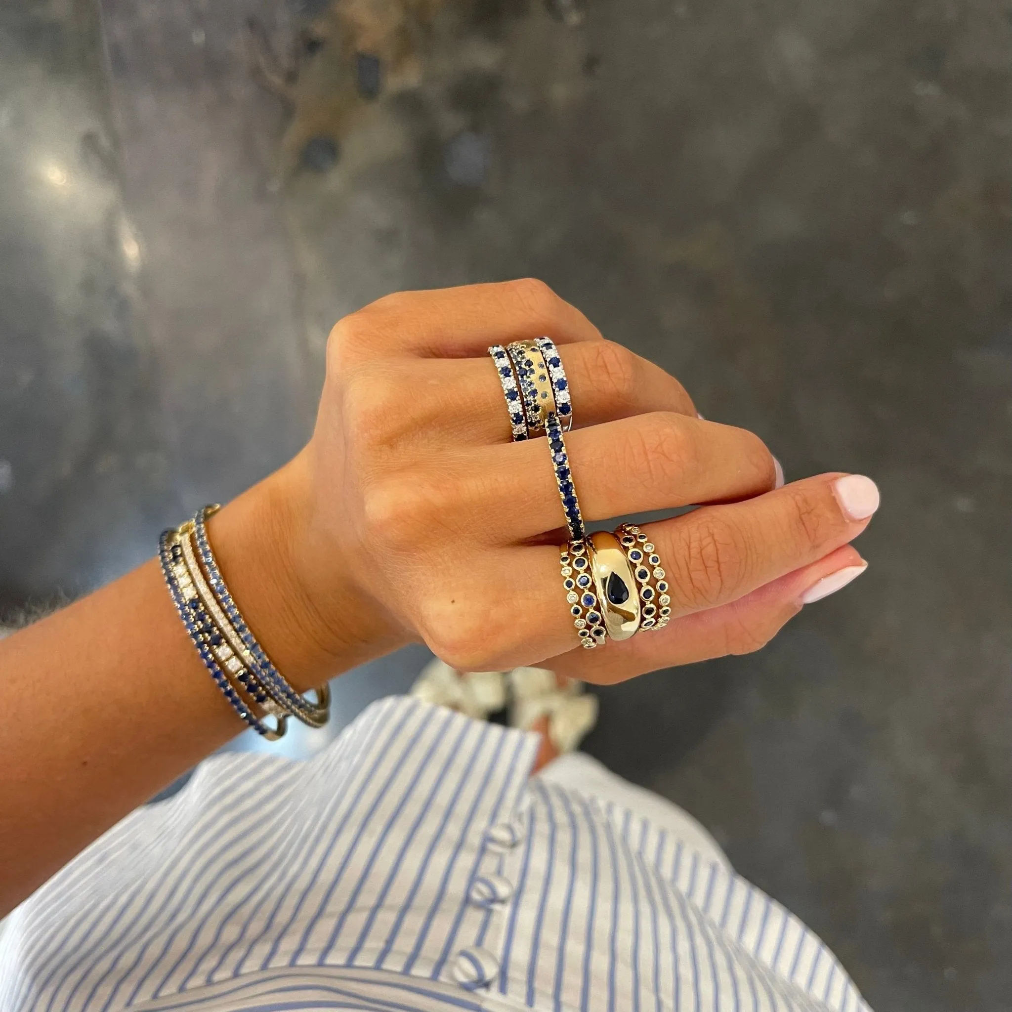 Alternating Diamond & Gemstone Bezel Band