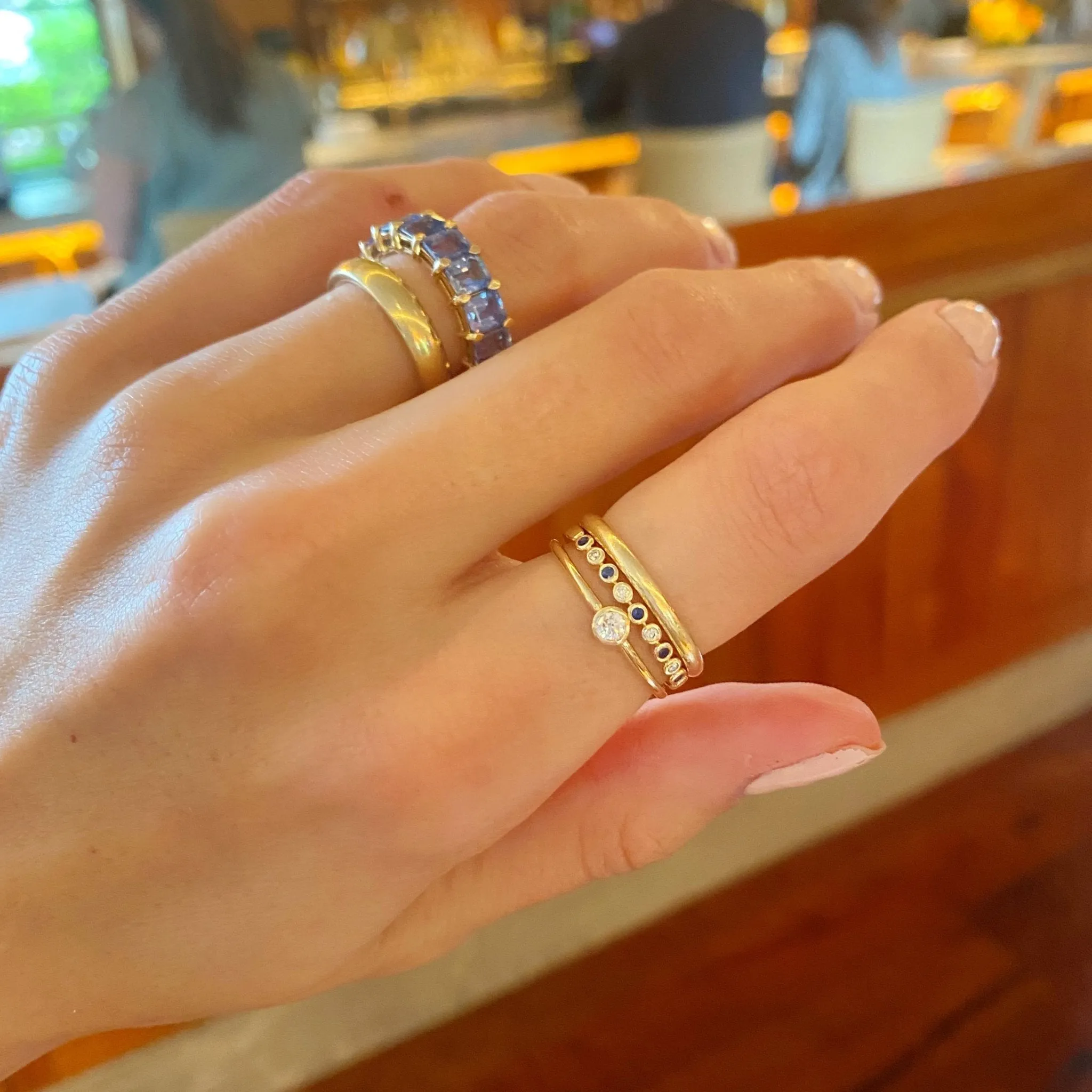 Alternating Diamond & Gemstone Bezel Band