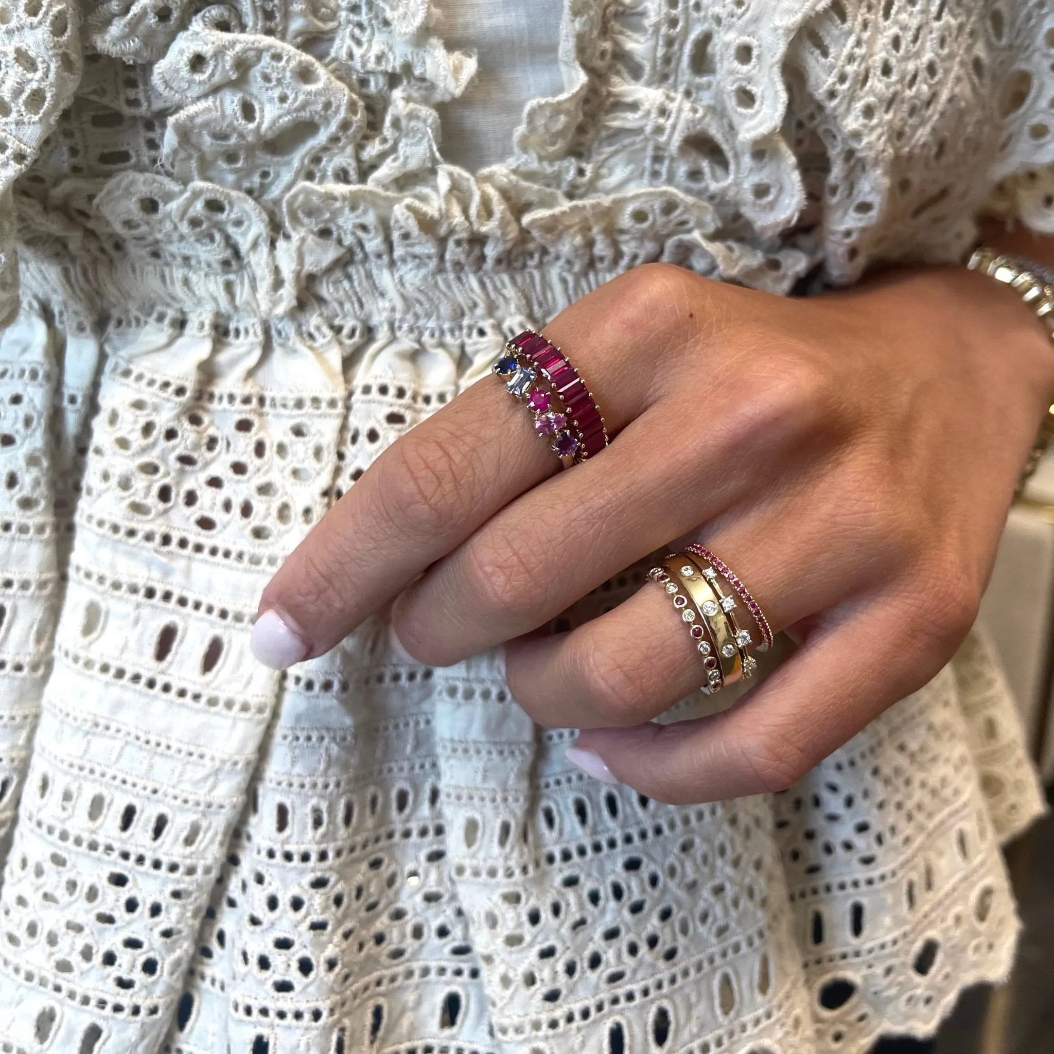Alternating Diamond & Gemstone Bezel Band