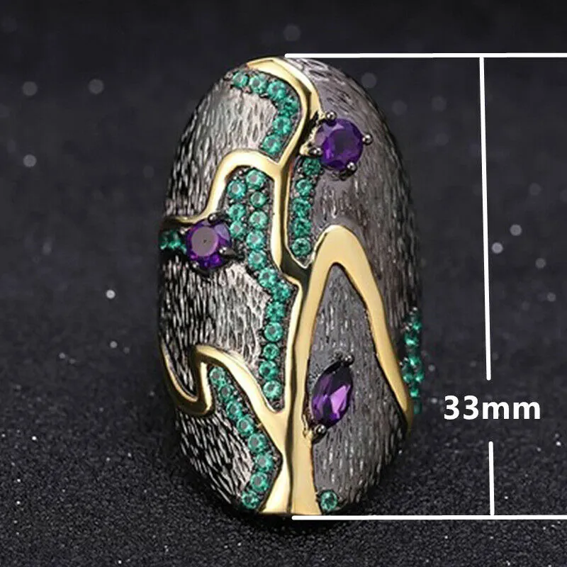 Black Rhodium Amethyst Emerald CZ Cocktail Ring