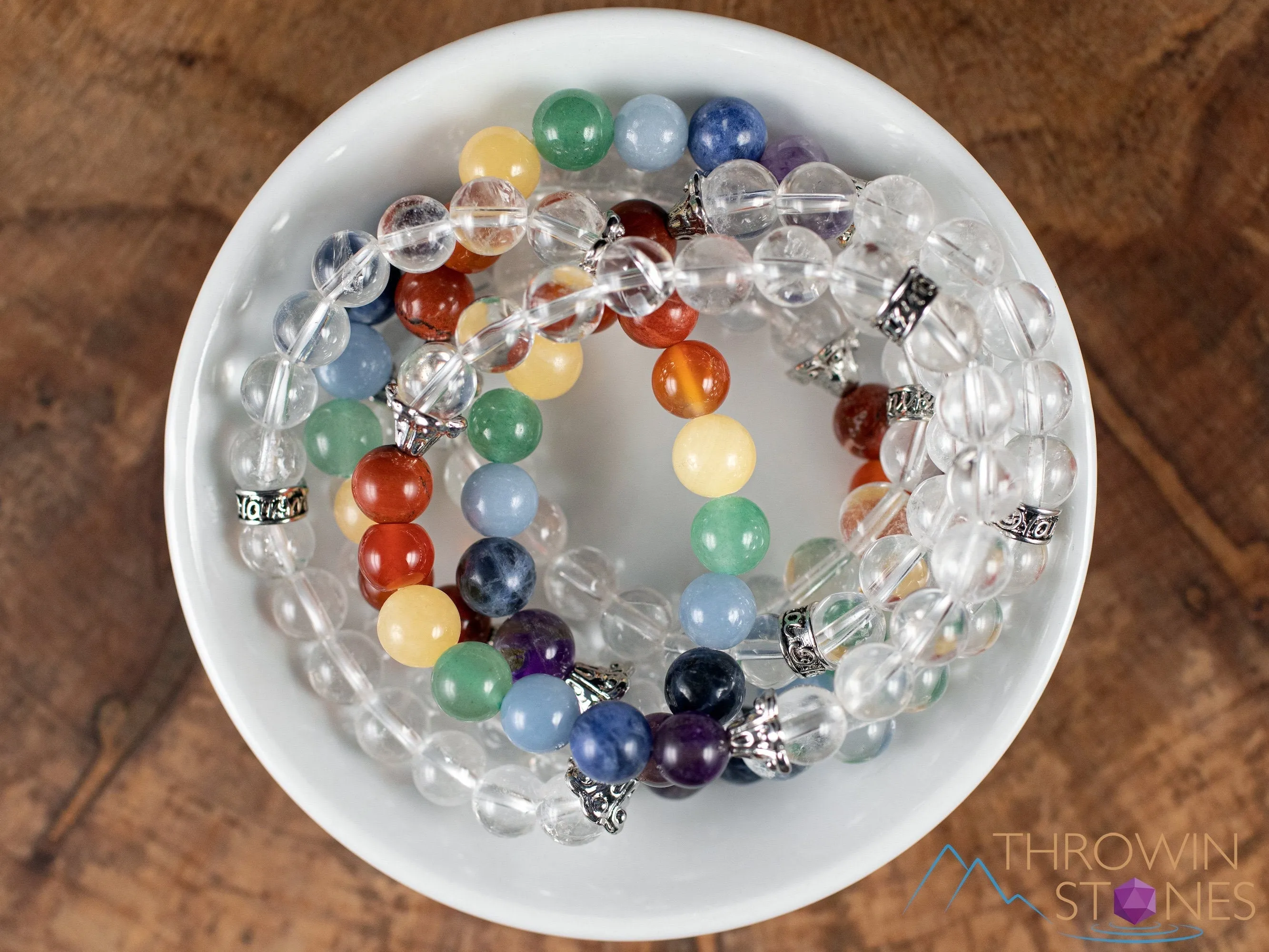 CHAKRA & CLEAR QUARTZ Crystal Bracelet - Round Beads - Beaded Bracelet, Handmade Jewelry, Healing Crystal Bracelet, E1967