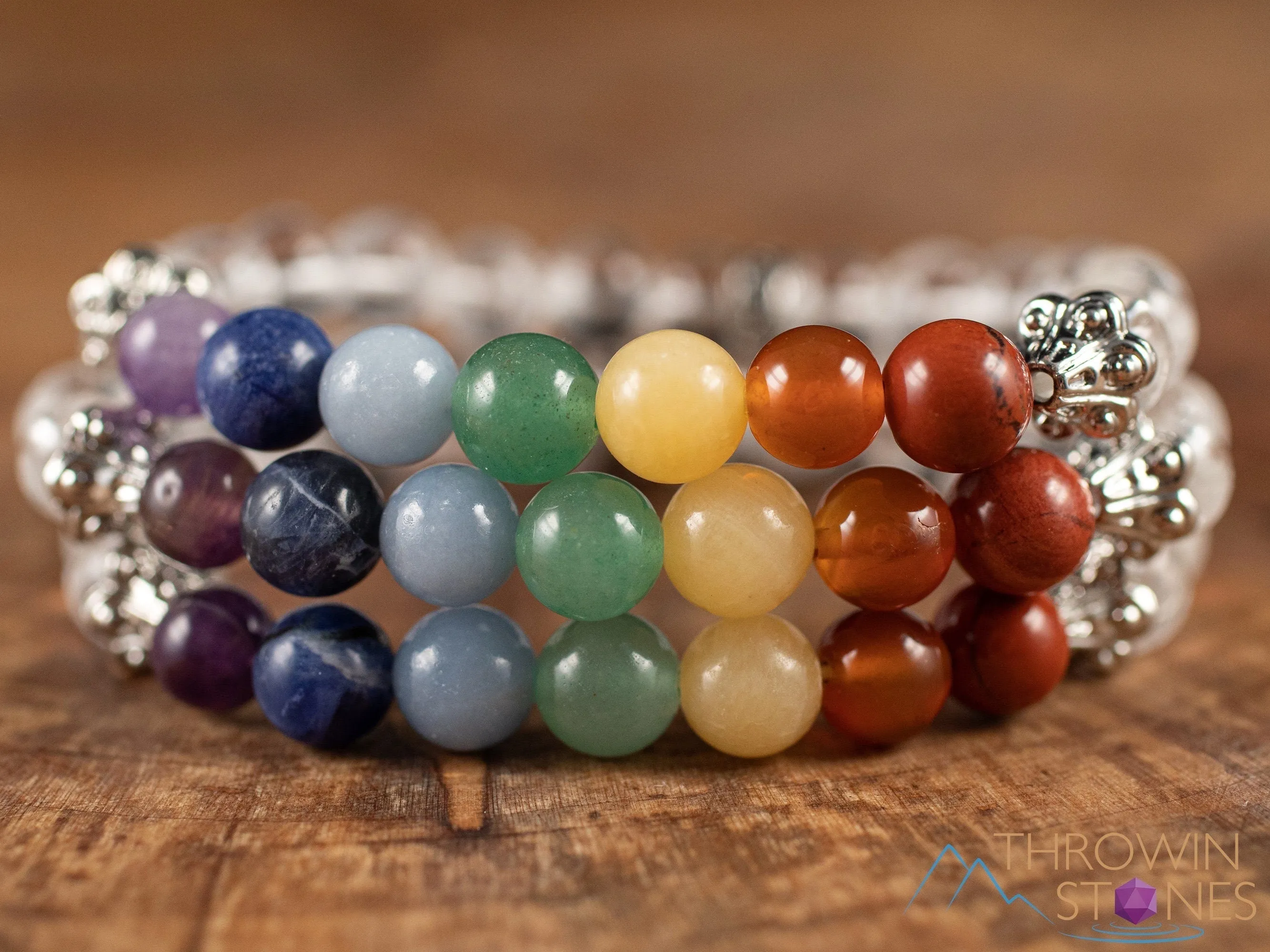 CHAKRA & CLEAR QUARTZ Crystal Bracelet - Round Beads - Beaded Bracelet, Handmade Jewelry, Healing Crystal Bracelet, E1967