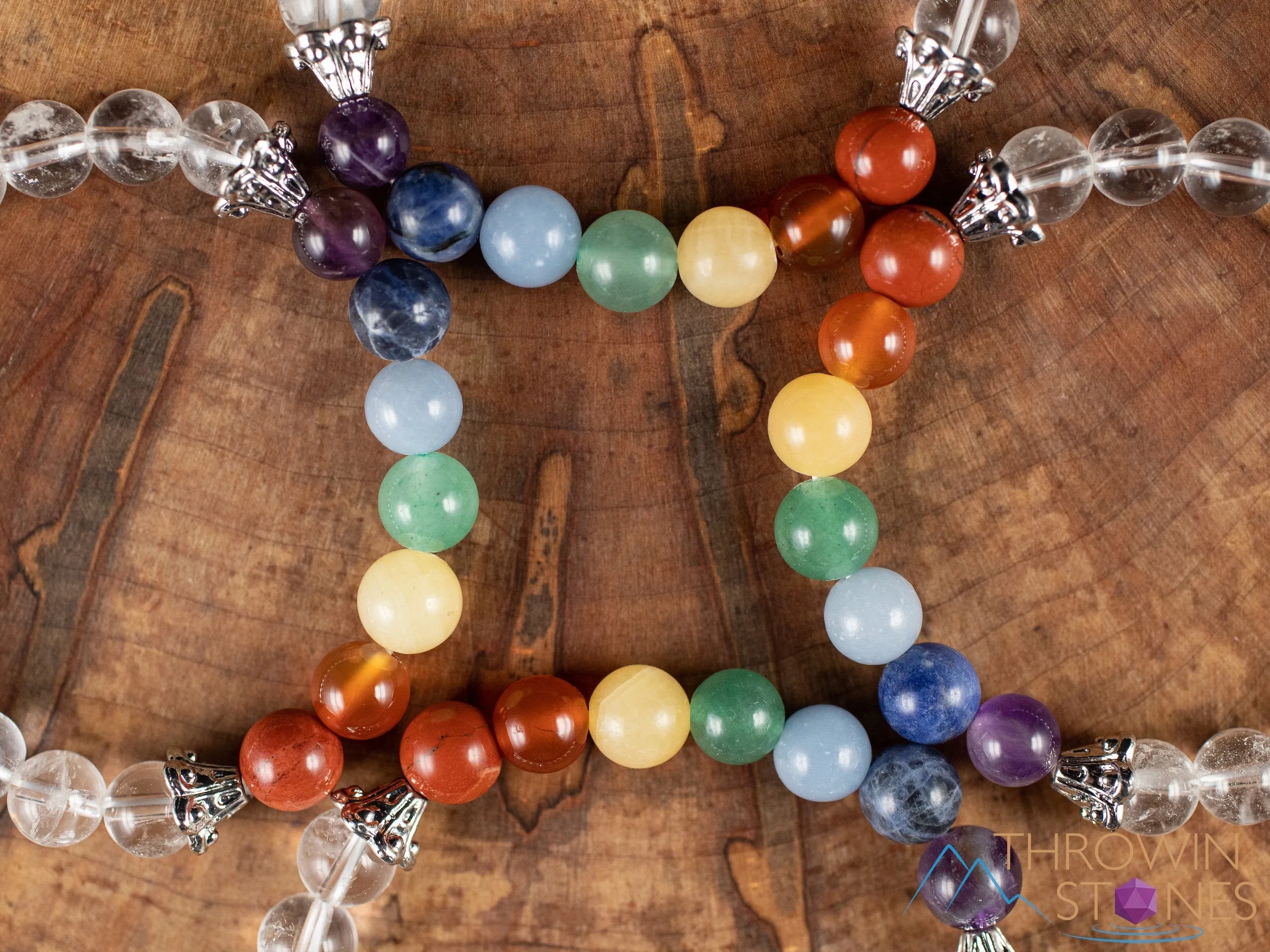 CHAKRA & CLEAR QUARTZ Crystal Bracelet - Round Beads - Beaded Bracelet, Handmade Jewelry, Healing Crystal Bracelet, E1967