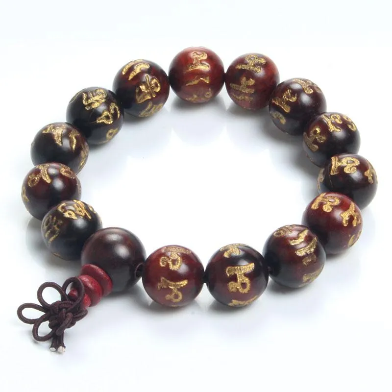Engraved Sanskrit Rosewood Buddhist Prayer Beads Bracelet