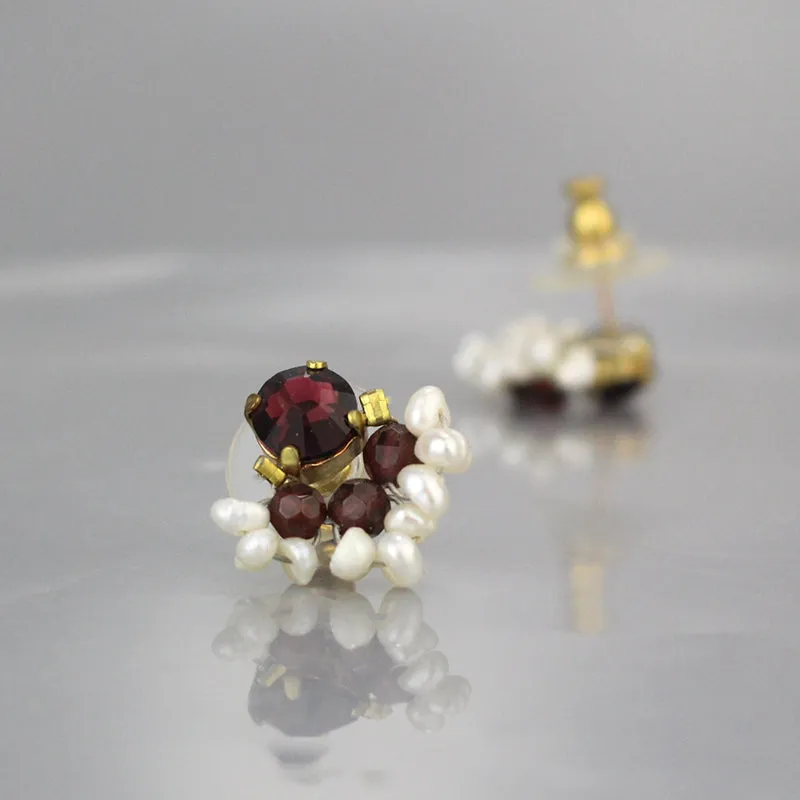 Garnet Pearl Fan Stud Earrings