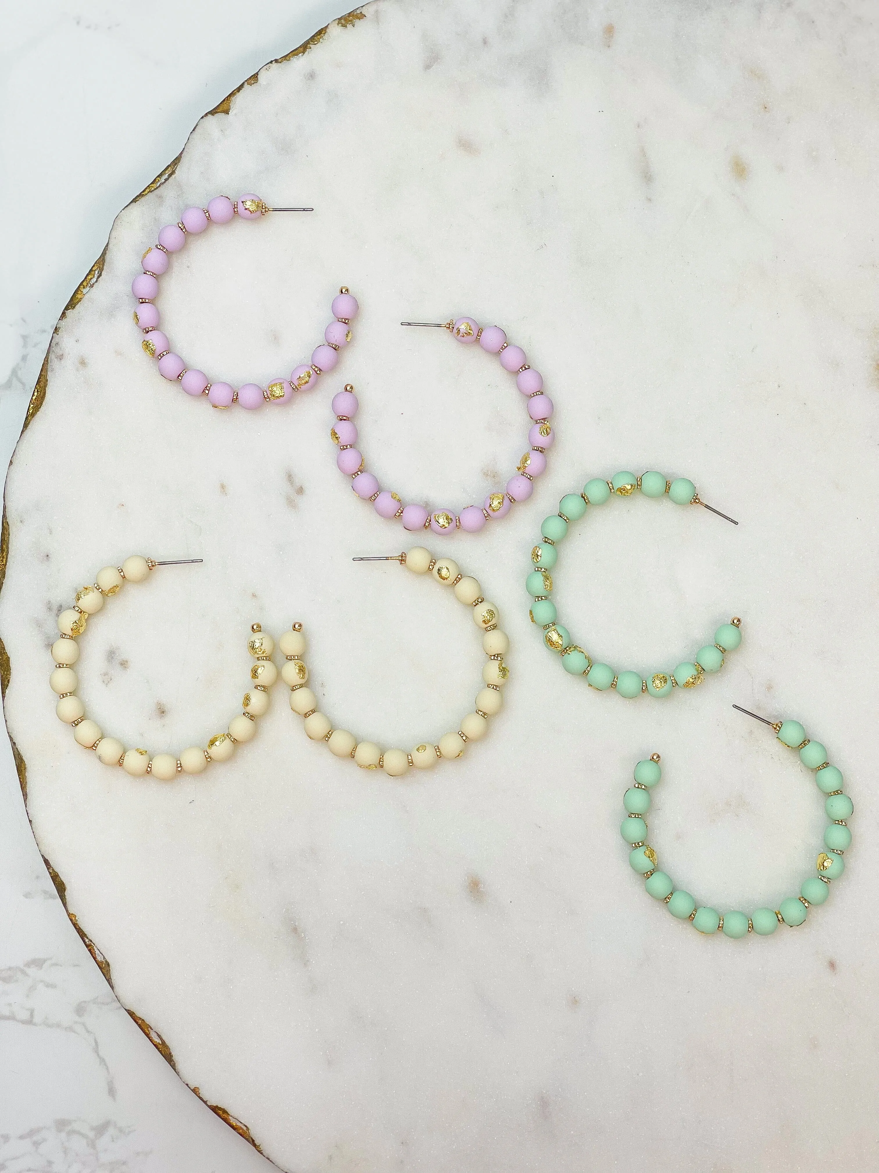 Gold-Foiled Beaded Hoop Earrings - Ivory