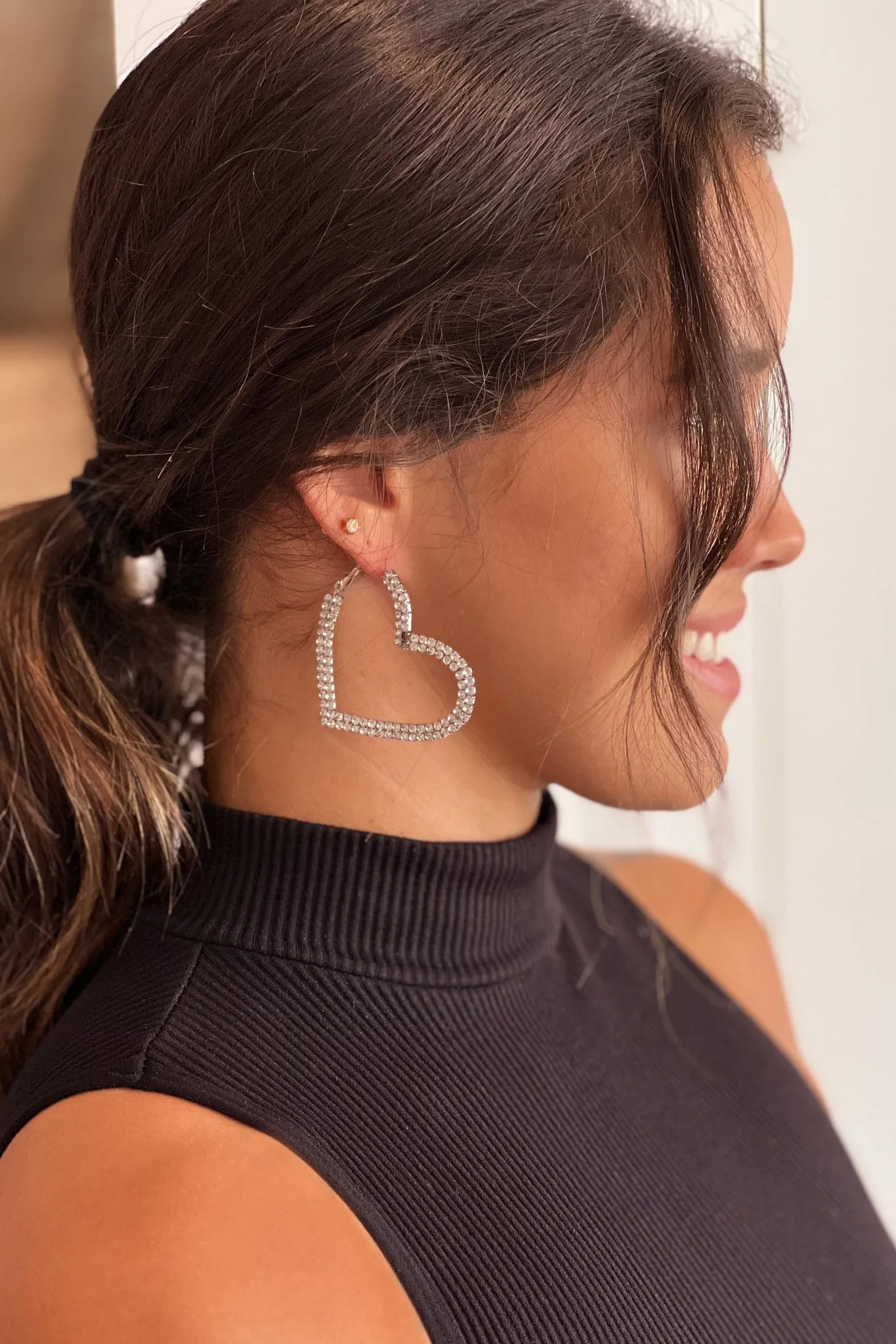 Silver Heart Rhinestone Hoop Earrings