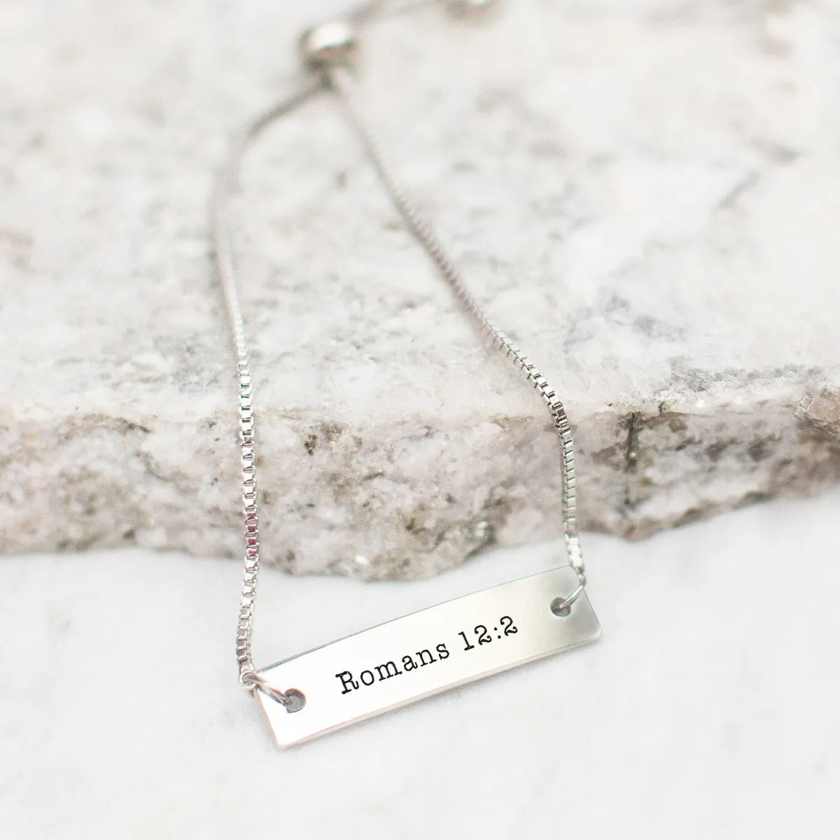 Silver Romans 12:2 Adjustable Bar Bracelet