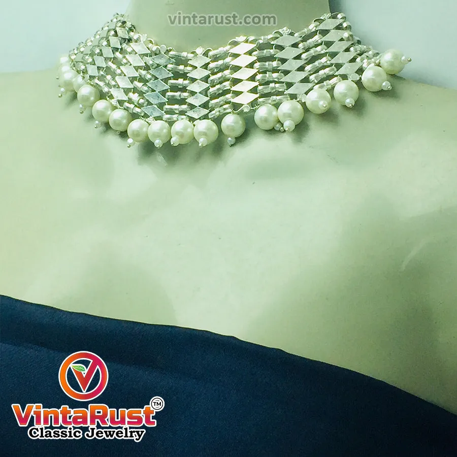 Woven Metallic Tribal Choker Necklace With White Pearls